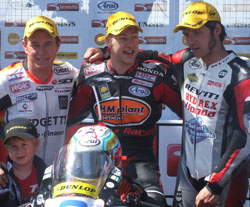 McGuinness, Hutchinson and Martin celebrate after the PokerStars Supersport TT